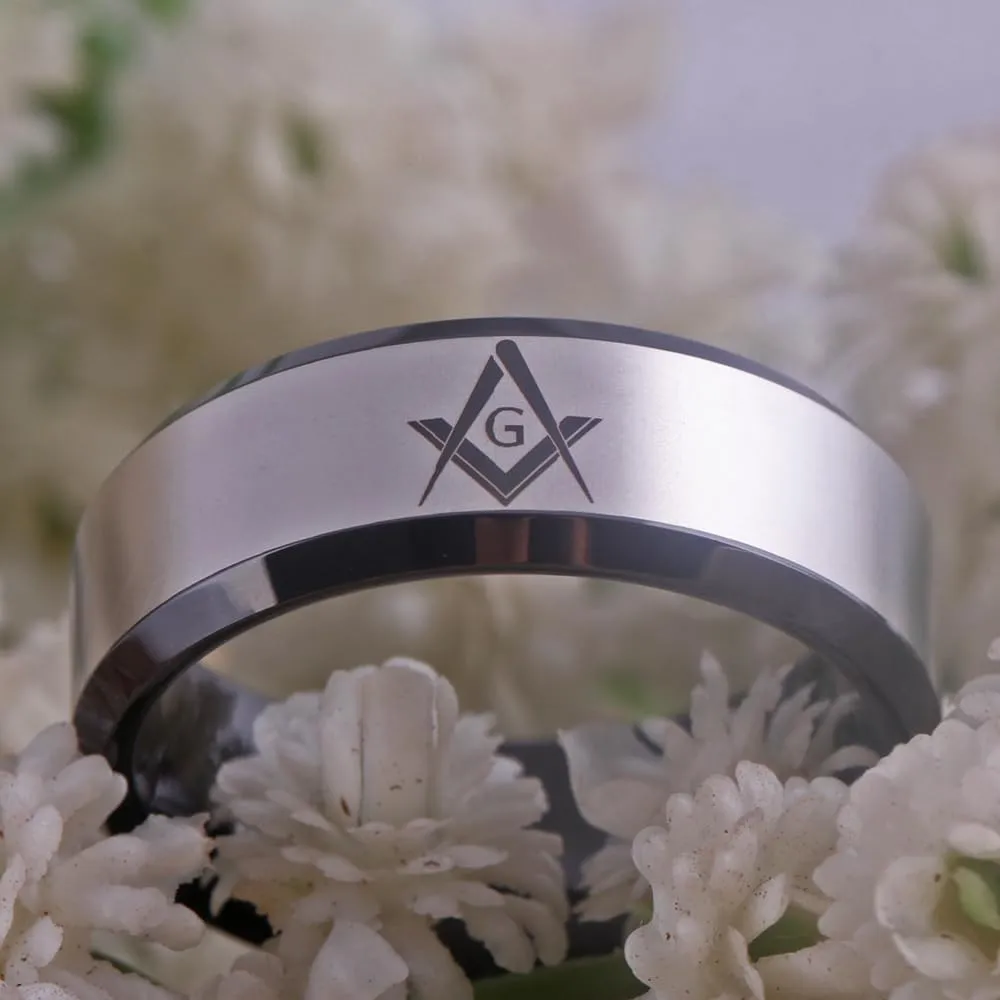 CLASSIC 8mm Black Men's Tungsten Carbide Ring Masonic Compass Square Free Mason -Free Customize Engraving