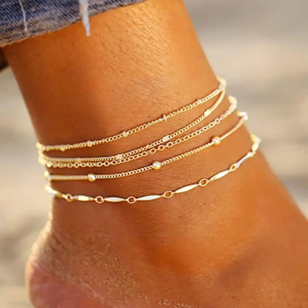 Clataly 5 Pieces Anklets Beaded Chain Anklet Boho Multi-layered Anklet Bracelets Beach Foot Chain Jewelry for Women