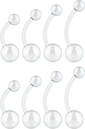 Clear Plastic Belly Button Rings for Sports - Invisible 14g Piercing Retainers - Hypoallergenic Navel Jewelry Bioflex 8pc Pack for Women