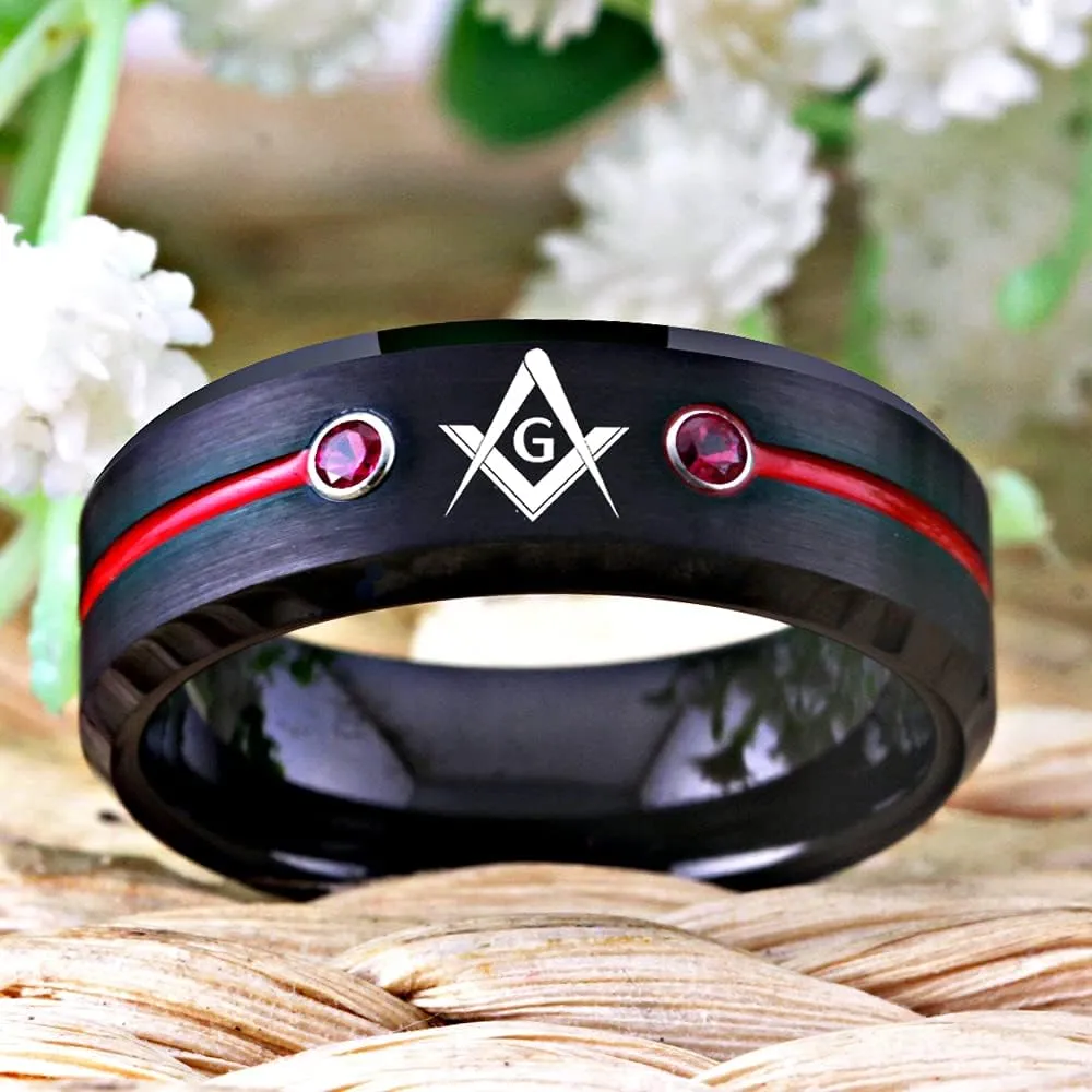 CLOUD DANCER Masonic Compass Square Free Mason Tungsten Ring - CLASSIC 8mm Black Men's Tungsten Carbide Ring for Wedding -Free Personalize it