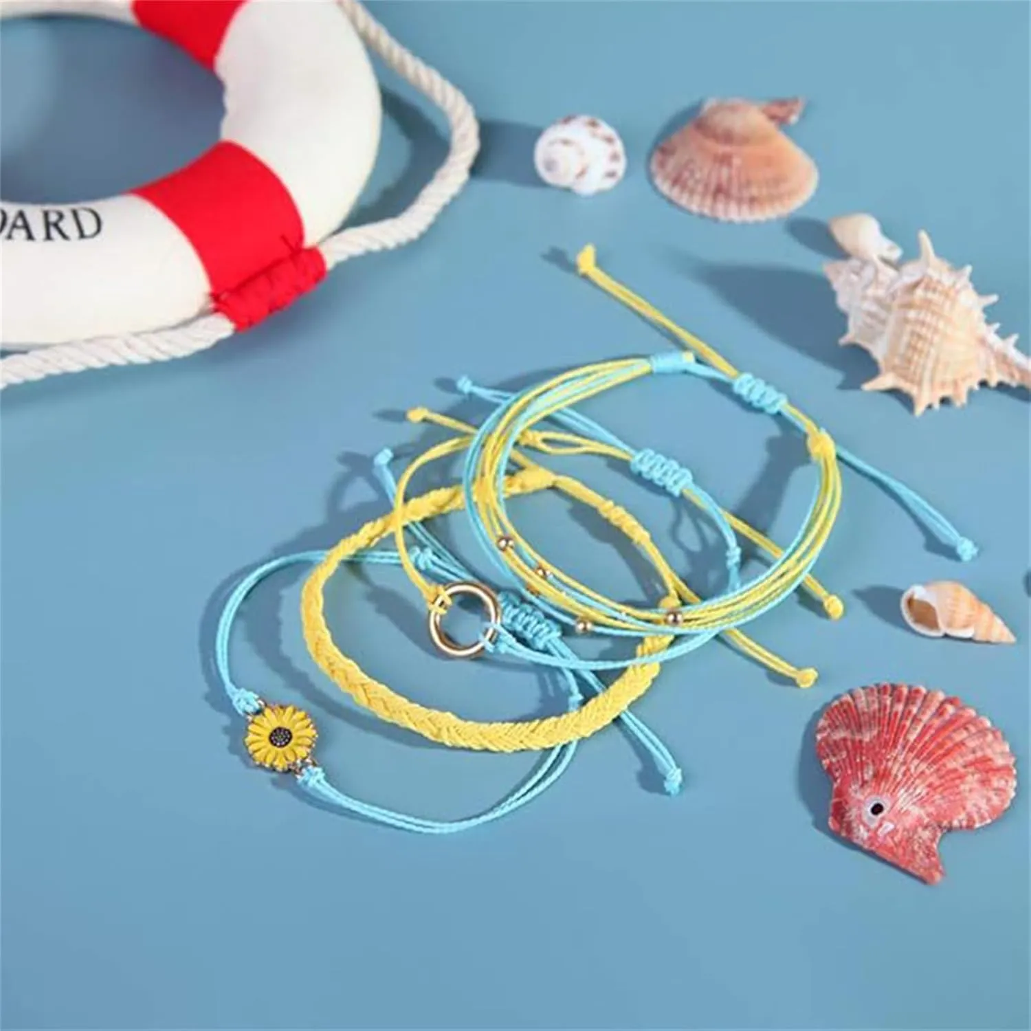 coadipress Sunflower String Bracelet for Women Boho Handmade Braided 4 Pcs Layered Rope Surfer Wave Charms Bracelet Adjustable Birthday Friendship Gifts