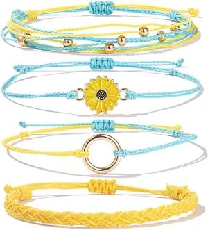 coadipress Sunflower String Bracelet for Women Boho Handmade Braided 4 Pcs Layered Rope Surfer Wave Charms Bracelet Adjustable Birthday Friendship Gifts