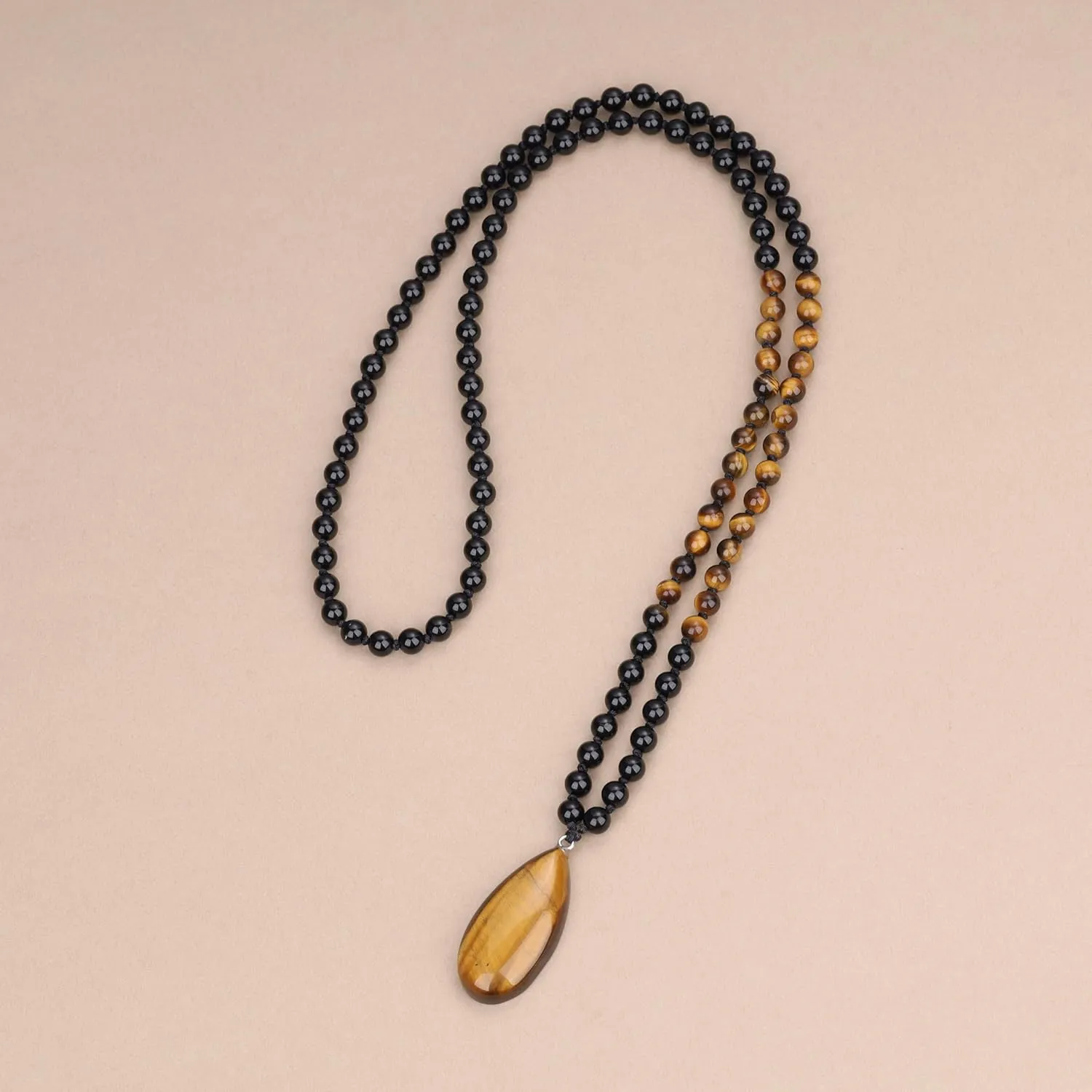 COAI Teardrop Pendant Necklace 108 Mala Stone Beaded Necklace, Prayer Beads Necklace for Women