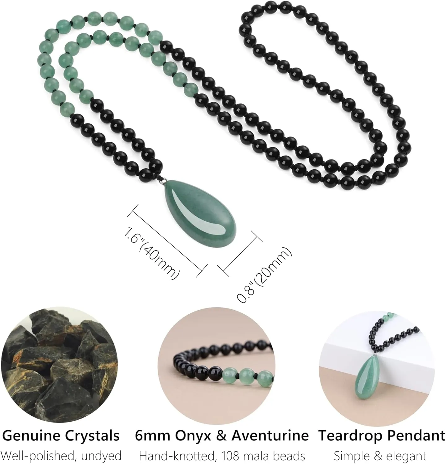 COAI Teardrop Pendant Necklace 108 Mala Stone Beaded Necklace, Prayer Beads Necklace for Women