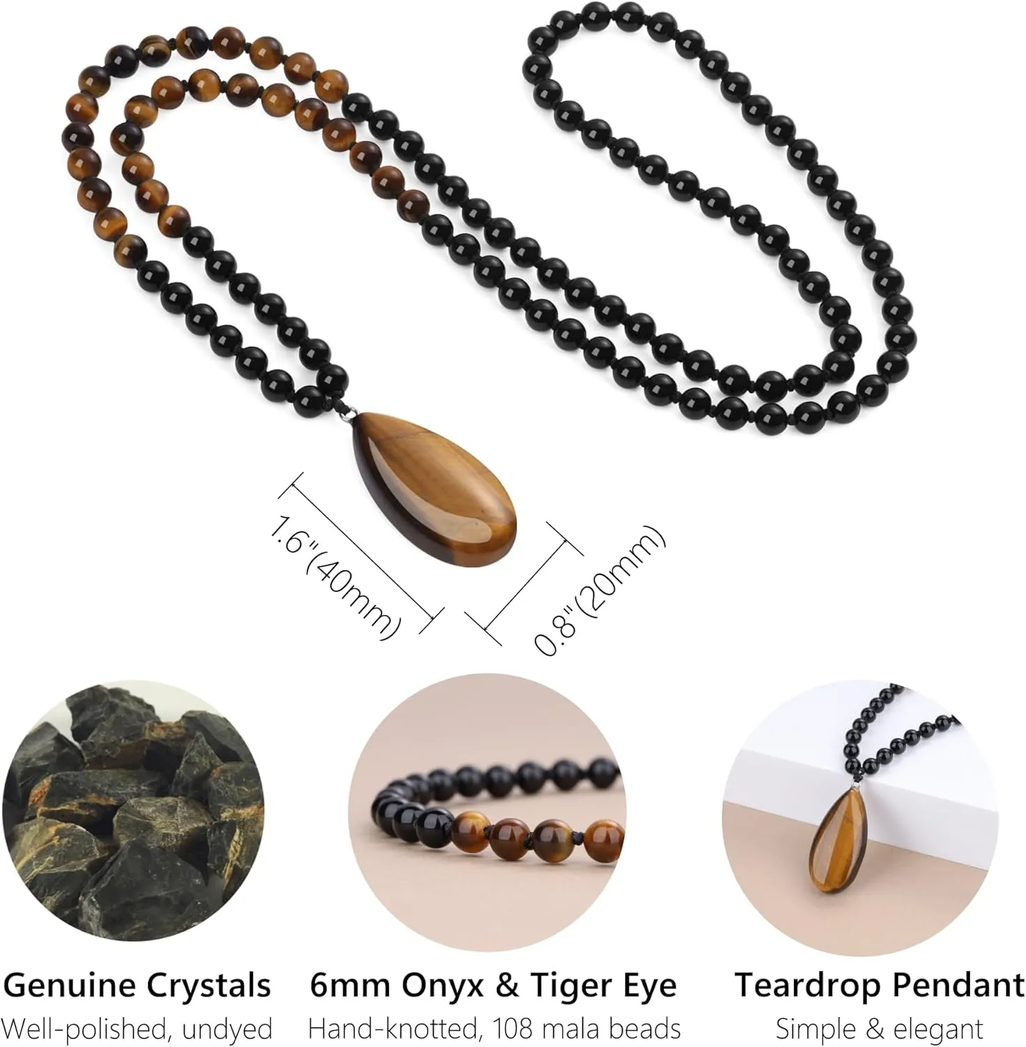 COAI Teardrop Pendant Necklace 108 Mala Stone Beaded Necklace, Prayer Beads Necklace for Women