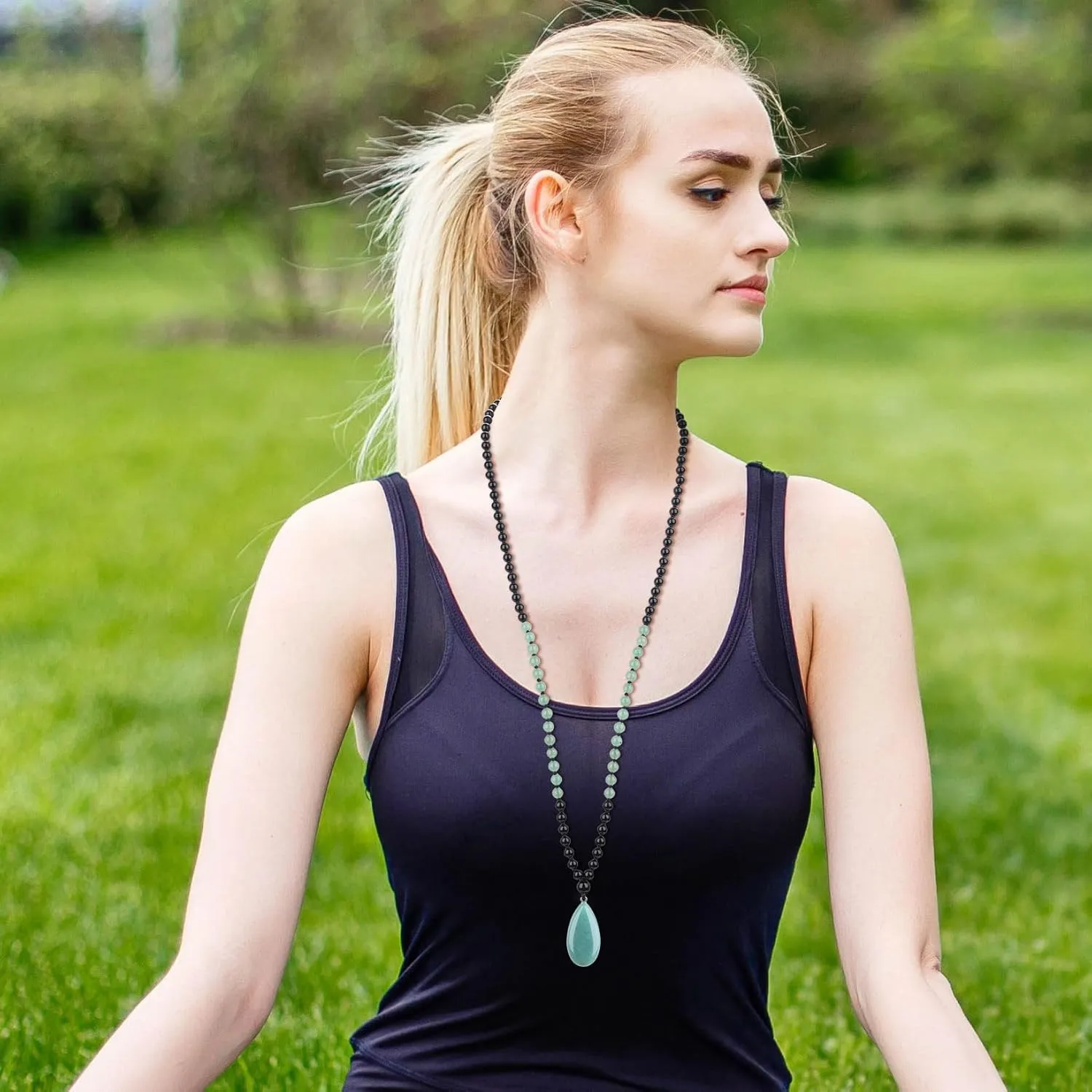 COAI Teardrop Pendant Necklace 108 Mala Stone Beaded Necklace, Prayer Beads Necklace for Women