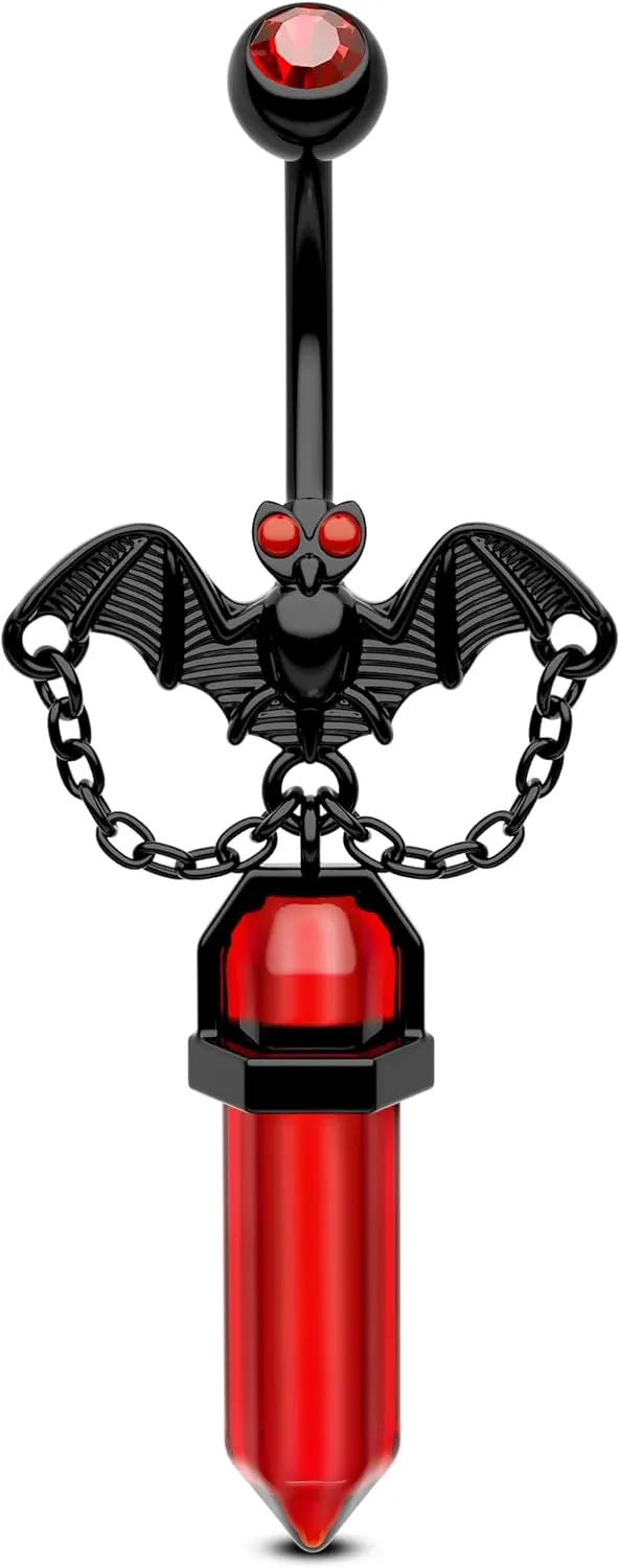 COCHARM Black Bat Belly Button Ring - Gothic Dangling Halloween Jewelry With Bottom Chain - 14g Piercing for Women