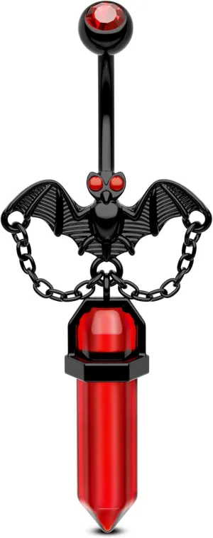COCHARM Black Bat Belly Button Ring - Gothic Dangling Halloween Jewelry With Bottom Chain - 14g Piercing for Women