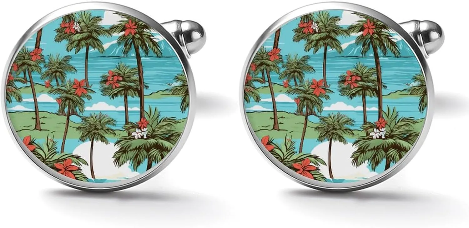 Coconut Trees Hawaiian Flowers Beach Men's Cufflinks Classic Tuxedo Shirt Cuff Dress Cuff Links Jewelry Accessories for Business Wedding