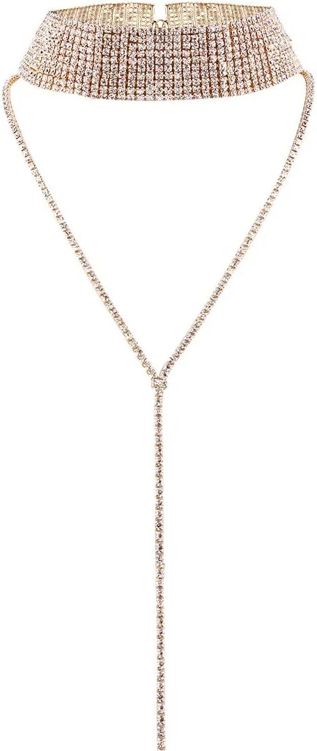 COLORFUL BLING 2 Pieces Rhinestone Tassel Choker Necklace Multi-Layer Wide Collar Necklaces Tassel Chain Gold Silver Color Crystal Necklaces for Women Girls Favor