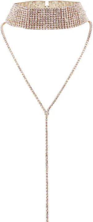 COLORFUL BLING 2 Pieces Rhinestone Tassel Choker Necklace Multi-Layer Wide Collar Necklaces Tassel Chain Gold Silver Color Crystal Necklaces for Women Girls Favor