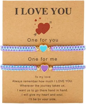 COLORFUL BLING 2Pcs Love Heart Bracelet Adjustable Thread String Protection Long Distance Matching Bracelet for His and Her Couples Friendships Relationship Jewelry