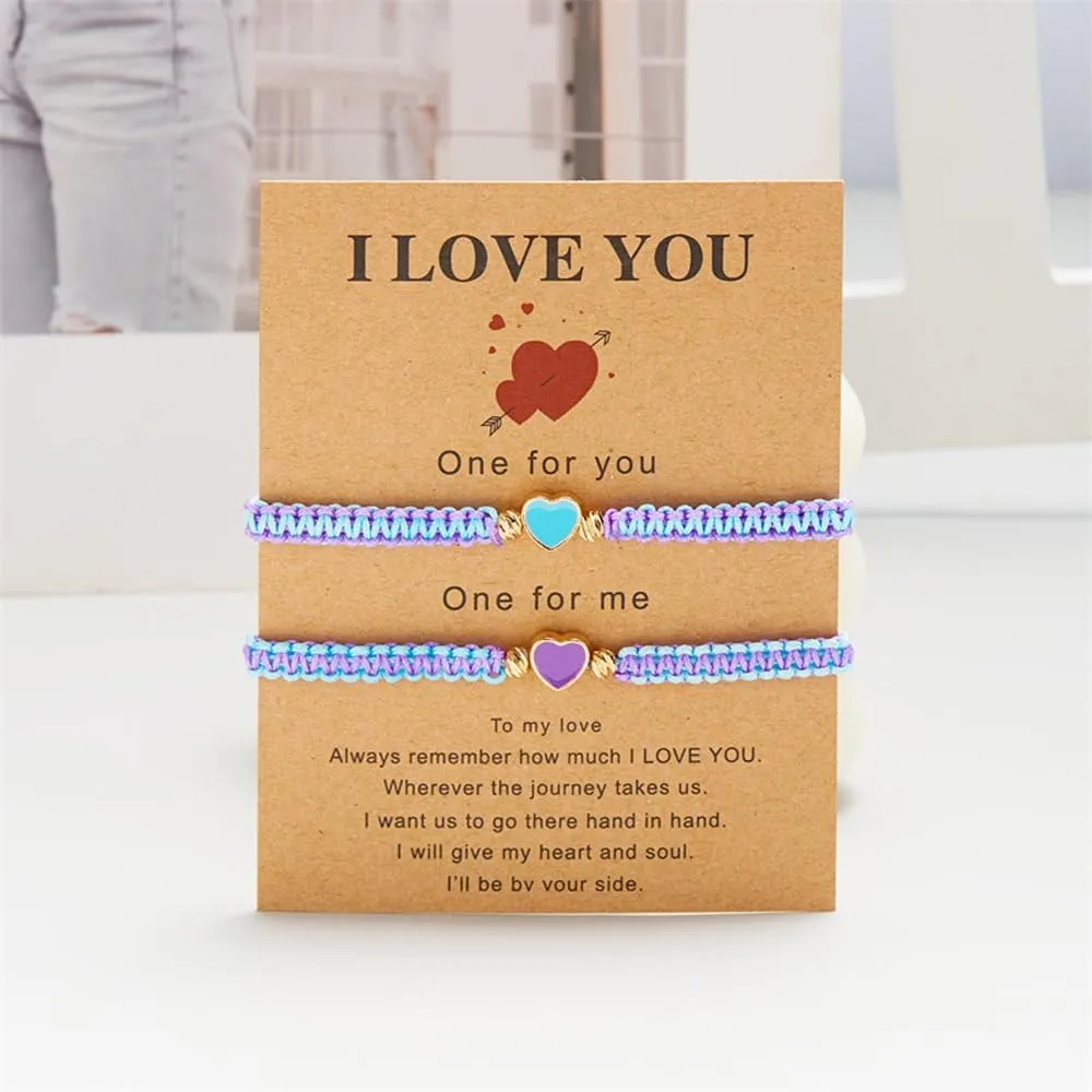 COLORFUL BLING 2Pcs Love Heart Bracelet Adjustable Thread String Protection Long Distance Matching Bracelet for His and Her Couples Friendships Relationship Jewelry