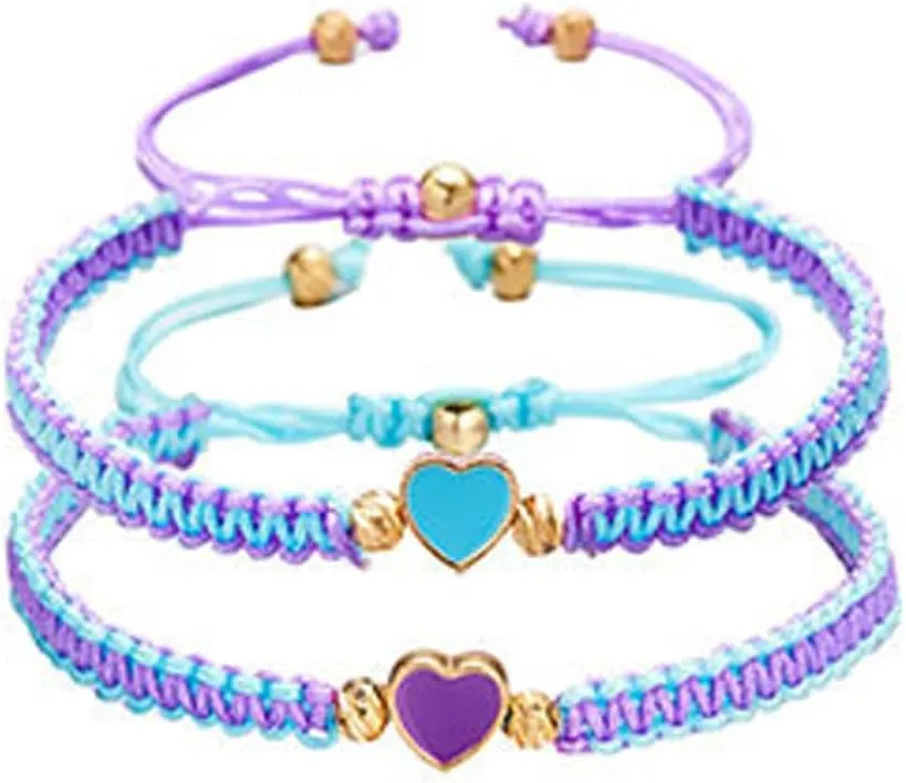 COLORFUL BLING 2Pcs Love Heart Bracelet Adjustable Thread String Protection Long Distance Matching Bracelet for His and Her Couples Friendships Relationship Jewelry