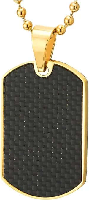 COOLSTEELANDBEYOND Carbon Fiber Dog Tag Pendant Necklace for Men, Gold Color Steel, with 23.6 inches Ball Chain