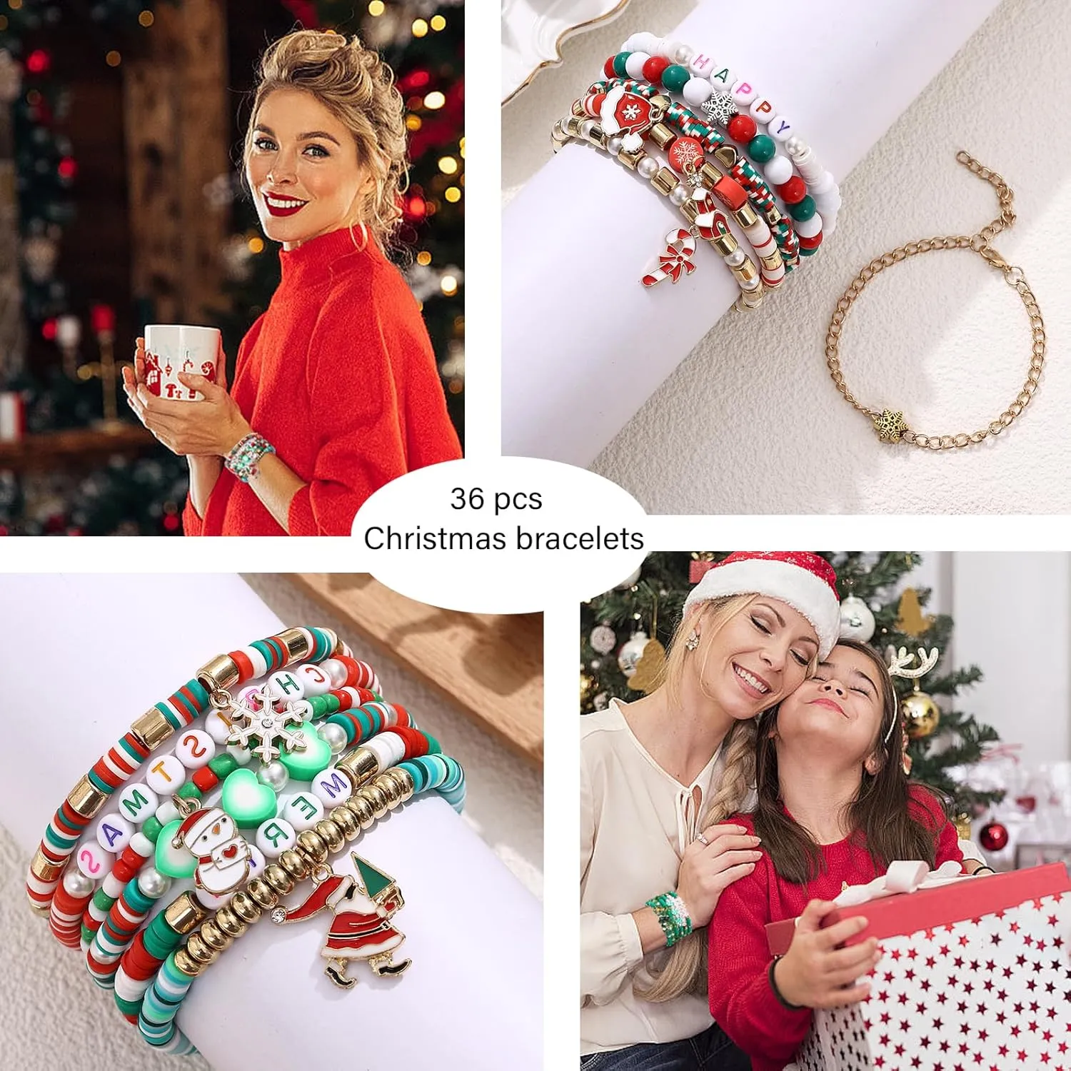 Cooluckday 36 Pcs Holiday Bracelets for Women Teen Girls Gifts Easter Mother's Day Christmas St. Patrick's Day Mardi Gras Bracelets Stackable Stretch Friendship Bracelets Set