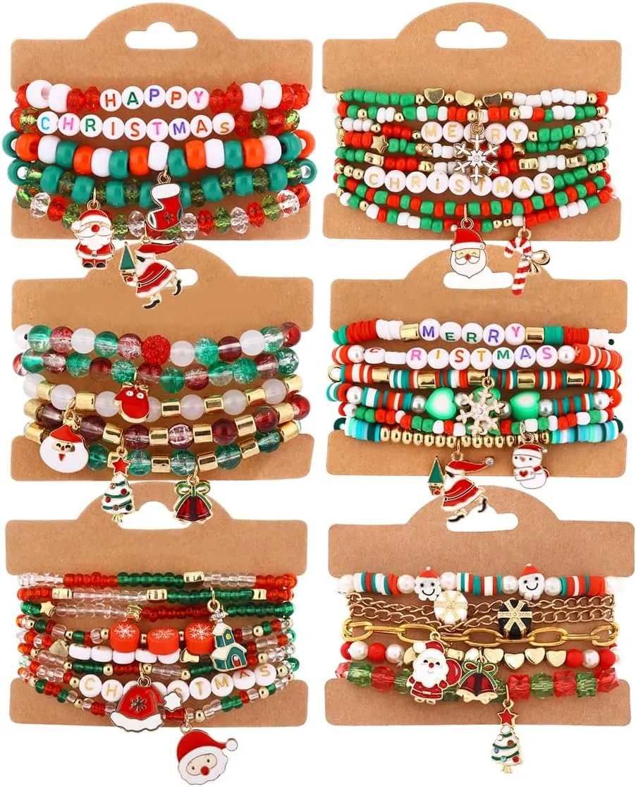 Cooluckday 36 Pcs Holiday Bracelets for Women Teen Girls Gifts Easter Mother's Day Christmas St. Patrick's Day Mardi Gras Bracelets Stackable Stretch Friendship Bracelets Set