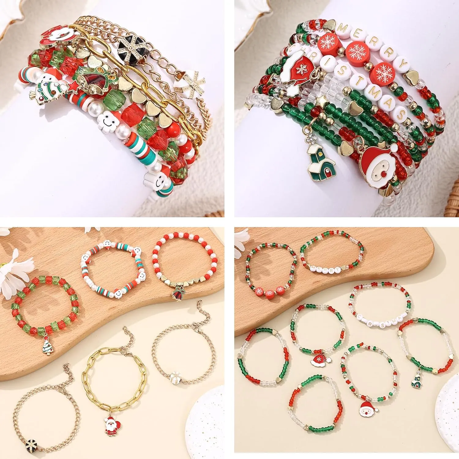 Cooluckday 36 Pcs Holiday Bracelets for Women Teen Girls Gifts Easter Mother's Day Christmas St. Patrick's Day Mardi Gras Bracelets Stackable Stretch Friendship Bracelets Set