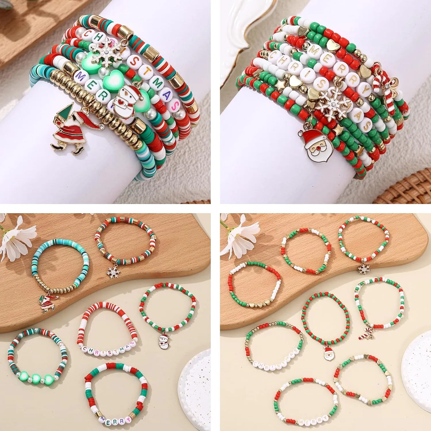 Cooluckday 36 Pcs Holiday Bracelets for Women Teen Girls Gifts Easter Mother's Day Christmas St. Patrick's Day Mardi Gras Bracelets Stackable Stretch Friendship Bracelets Set