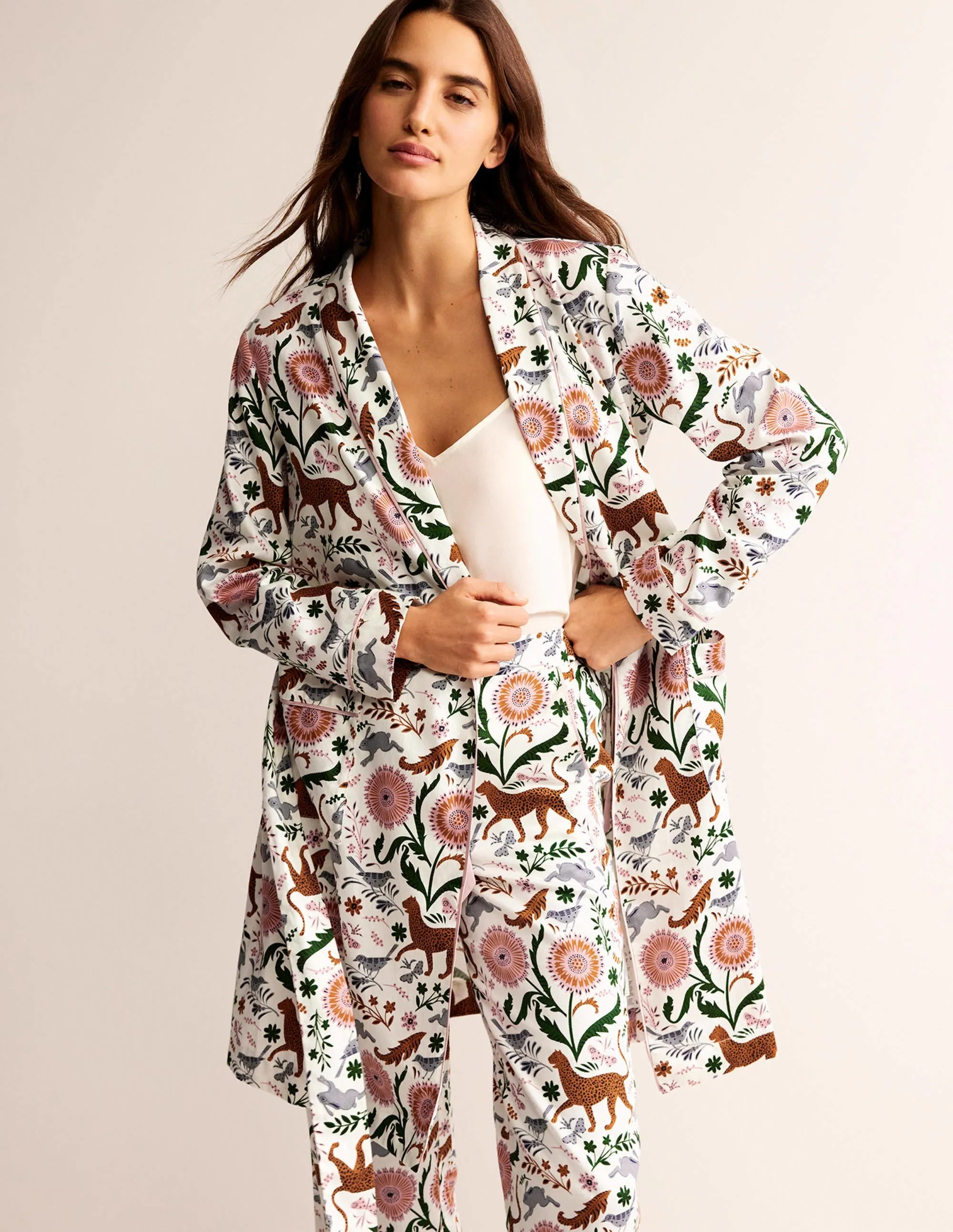 Cotton-Sateen Dressing Gown-Ivory, Jungle Flora