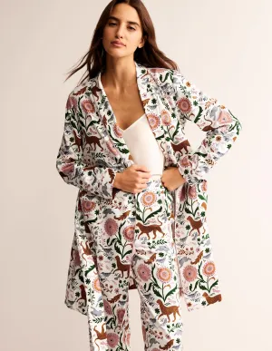 Cotton-Sateen Dressing Gown-Ivory, Jungle Flora