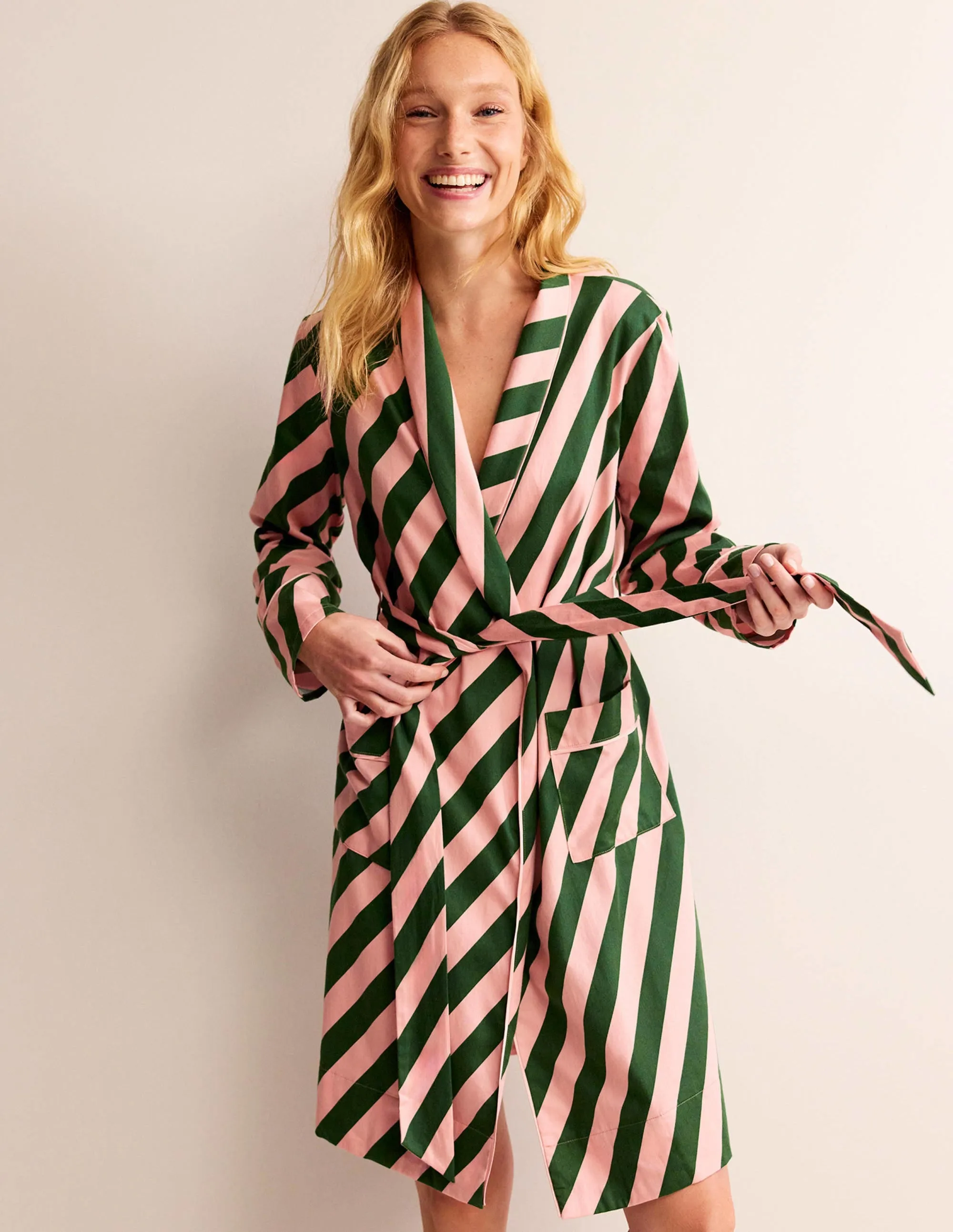 Cotton-Sateen Dressing Gown-Rosette Pink, Amazon Green