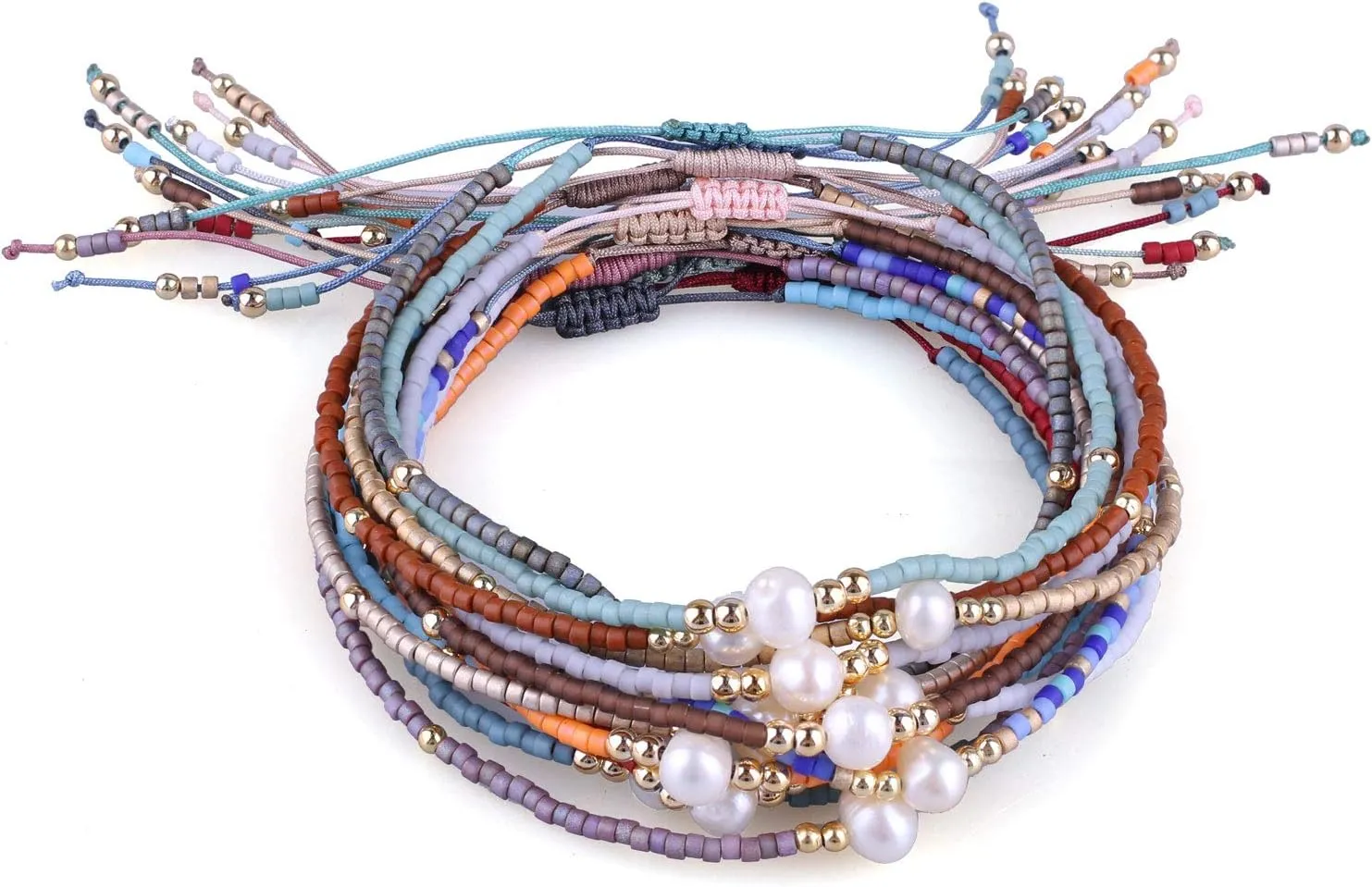 CQUAN CHI 10 PCS Pearl Beaded Bracelets Women Adjustable Strand Bracelet Handmade Friendship Bracelets