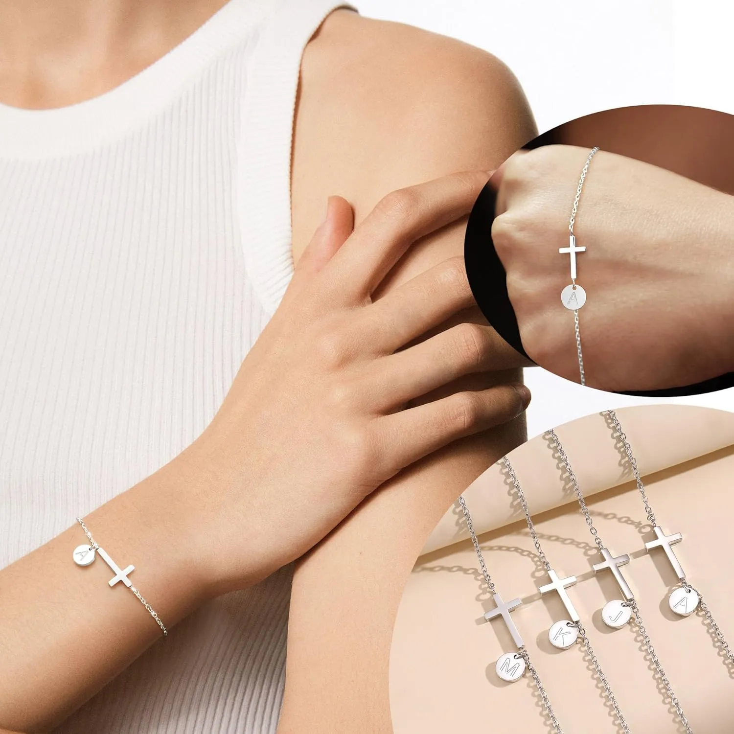 Cross Bracelet for Women, Easter Basket Stuffers for Teens Gold Initial Bracelets for Teen Christian Gifts for Women Dainty Religious Baptism Religious Confirmation Communion Faith Jewelry