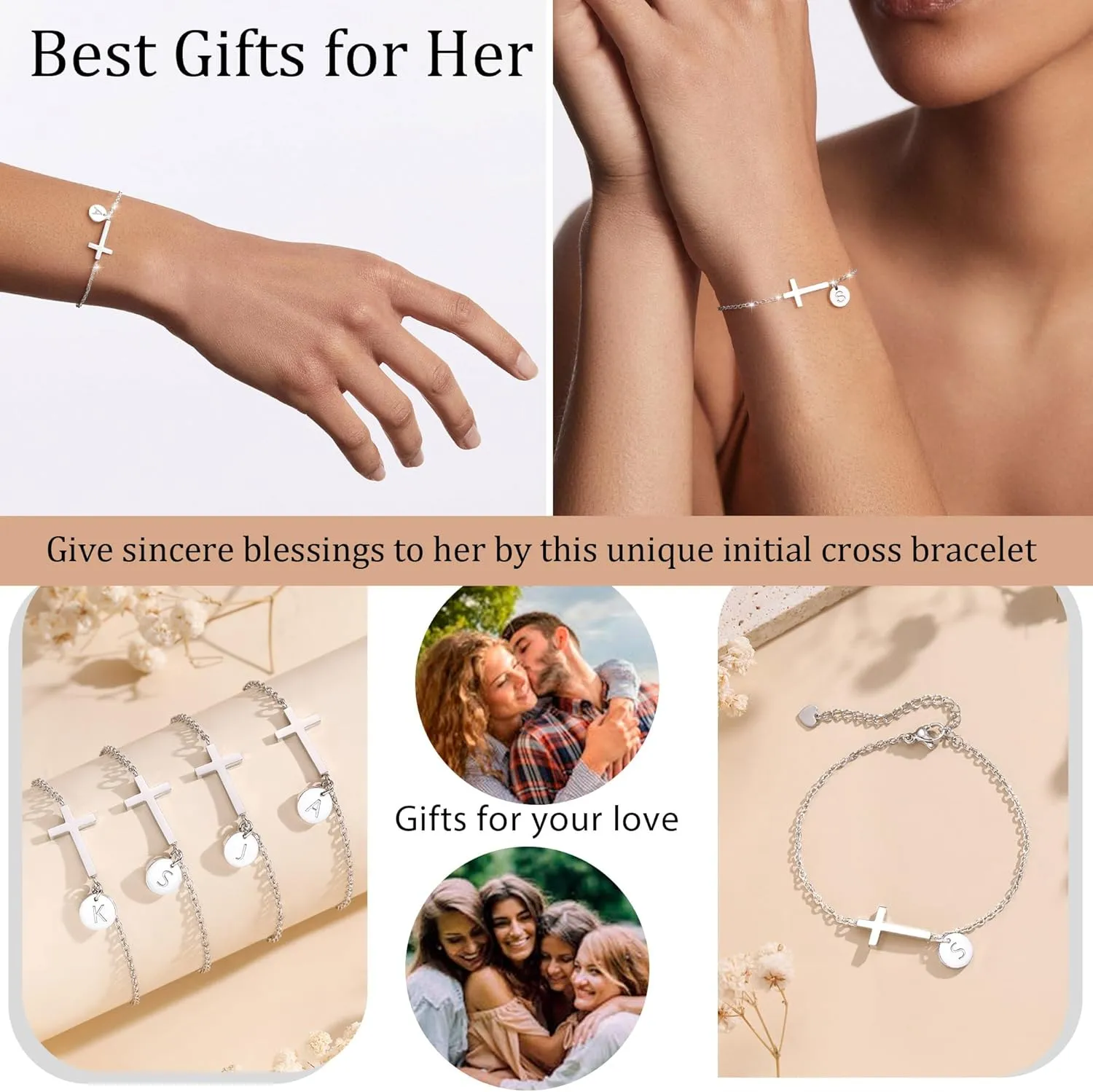 Cross Bracelet for Women, Easter Basket Stuffers for Teens Gold Initial Bracelets for Teen Christian Gifts for Women Dainty Religious Baptism Religious Confirmation Communion Faith Jewelry