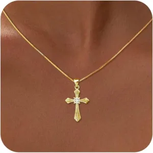 Cross Necklace for Women, 14k Gold Cross Necklaces for Women Trendy Dainty Gold Necklace Pearl Diamond Cross Pendant Necklaces Religious Christian Baptism Faith Jewelry for Woman