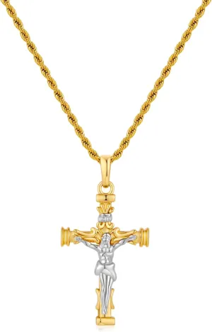 Crucifix Necklace Men Cross Necklace with 23.82Inch Gold Stainless Steel Rope Chain Mens Catholic Protection Pendant Amulet Religious Jewelry for Men Women