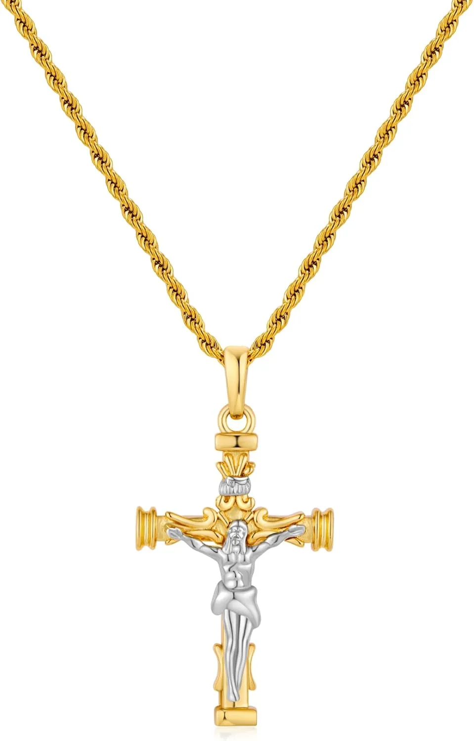Crucifix Necklace Men Cross Necklace with 23.82Inch Gold Stainless Steel Rope Chain Mens Catholic Protection Pendant Amulet Religious Jewelry for Men Women
