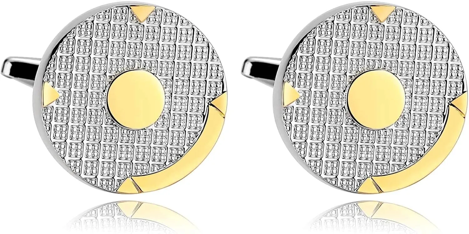 Cuff Links, Cufflinks Vintage Christmas Fathers Day Groom Gifts Silver Gold Stainless Steel Circular Plaid Pattern Design Size 20x20mm