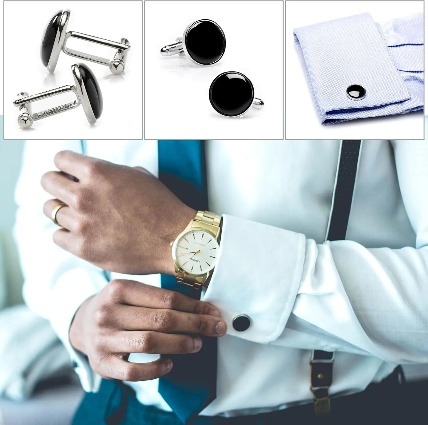 Cufflinks for Men, Tuxedo Studs and Cufflinks Set, Classic Black Gold CuffLinks Luxury Box Gift Ideas for Mens