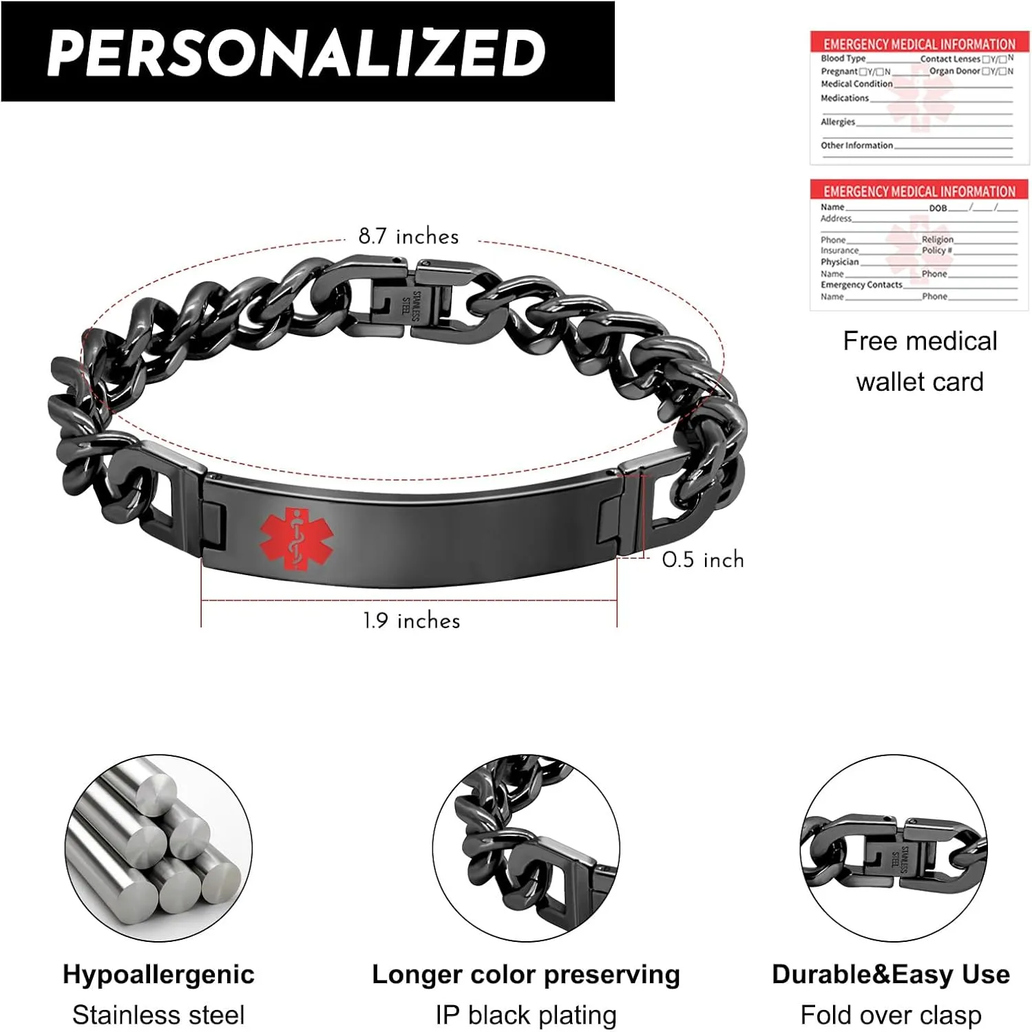 Custom Engraved Medical Alert ID Bracelet for Men - Stainless Steel Medical ID Bracelet for Men - Essential Health Information Wristband - Emergency Safety Accessory