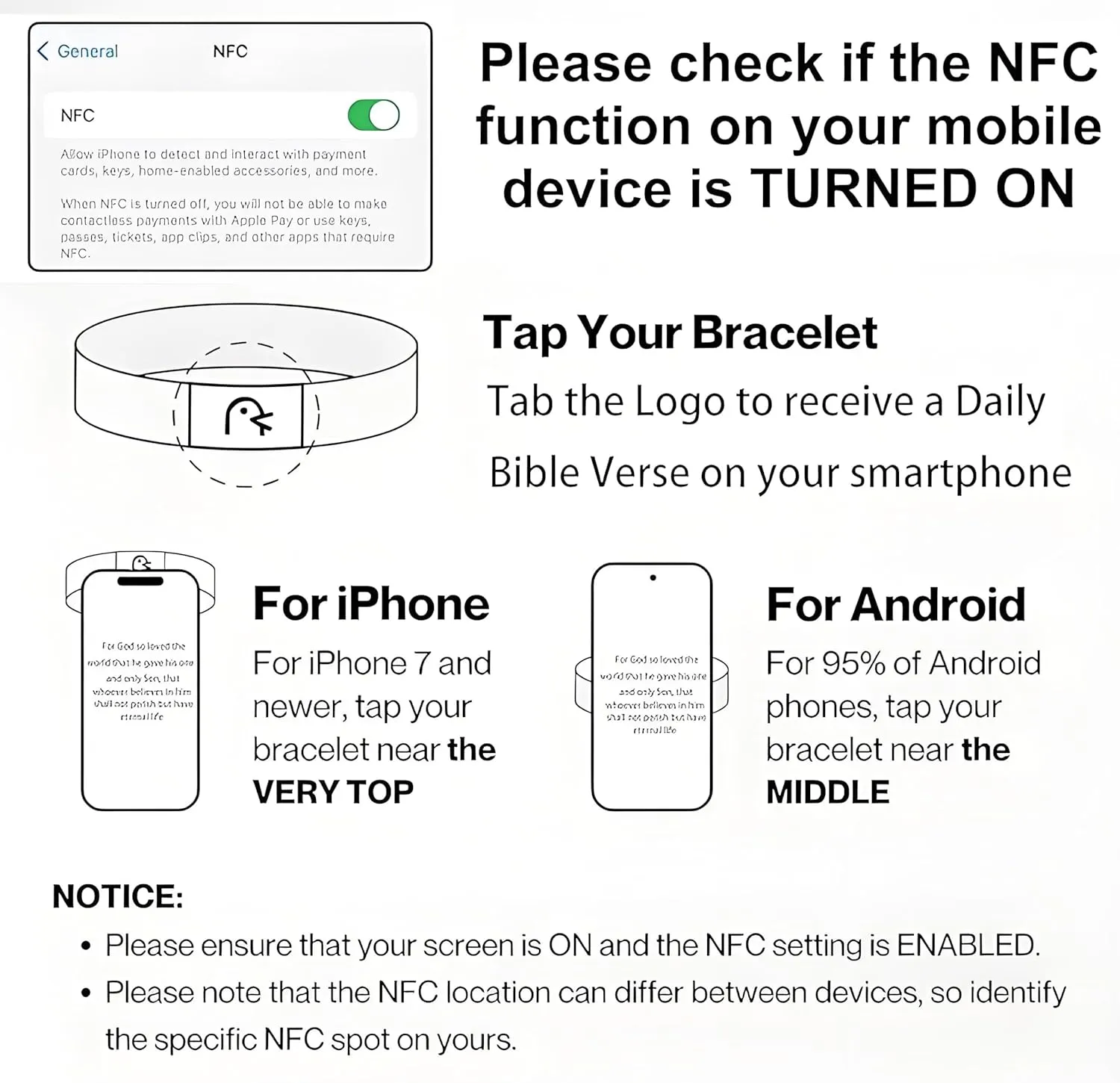 Daily Bible Verse Bracelet Scan with NFC, Wearable Christian Scripture Bracelets, Stretchable Christian Wristband Gifts for Men Women Teen Girls