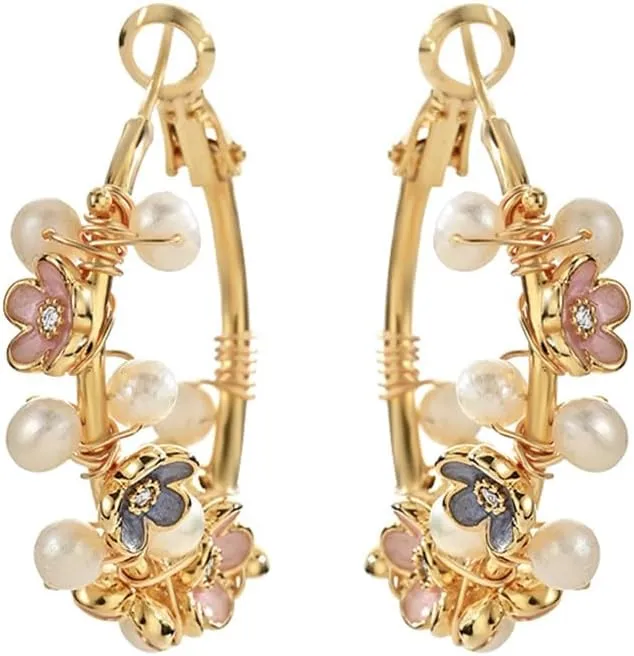 Dainty Cz Flower Pearl Hoop Earrings for Womem 14k Gold Plated Elegant Crystal Blue Pink Floral Danglings Huggie Earrings Trendy Prom Banquet Wedding Party Hypoallergenic Fashion Jewelry Accessory