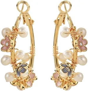 Dainty Cz Flower Pearl Hoop Earrings for Womem 14k Gold Plated Elegant Crystal Blue Pink Floral Danglings Huggie Earrings Trendy Prom Banquet Wedding Party Hypoallergenic Fashion Jewelry Accessory