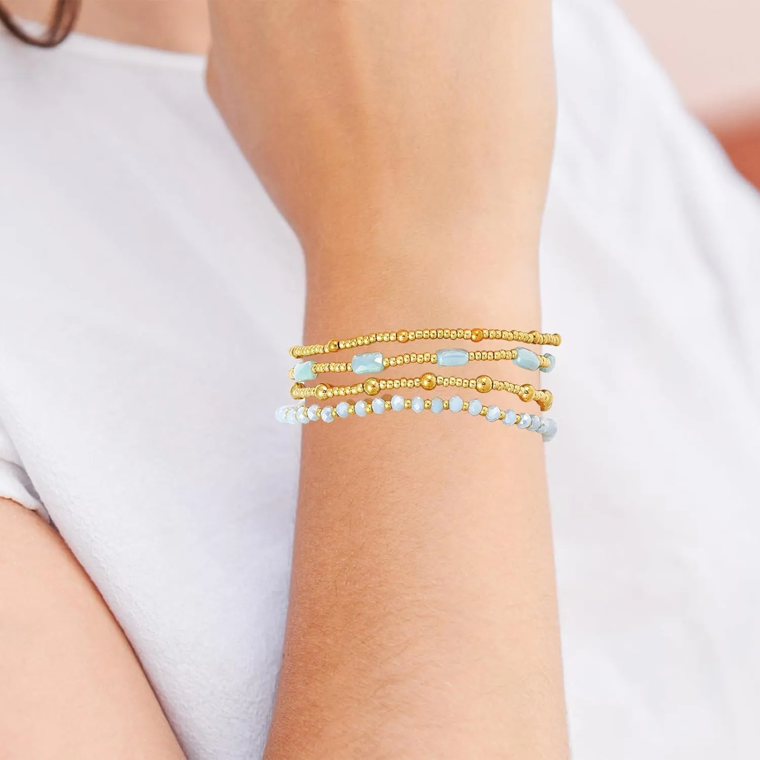 Dainty Gold Pearl Crystal Beaded Bracelets Set for Women 14K Real Gold Plated Bead Pearl Crystal Beads Bracelet Stackable Paperclip Link Chain Bracelets Gold Bracelets for Women Trendy Jewelry