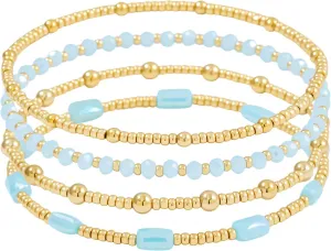 Dainty Gold Pearl Crystal Beaded Bracelets Set for Women 14K Real Gold Plated Bead Pearl Crystal Beads Bracelet Stackable Paperclip Link Chain Bracelets Gold Bracelets for Women Trendy Jewelry