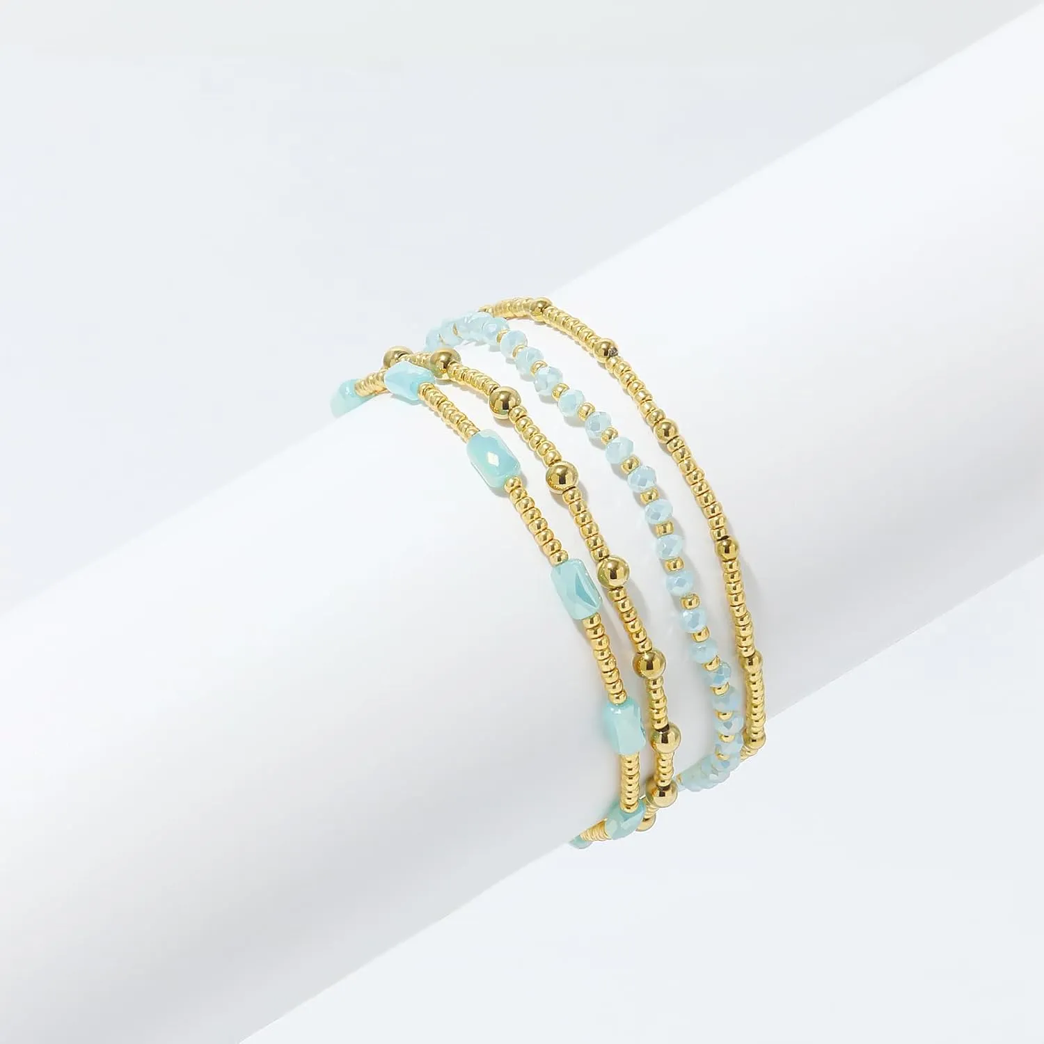 Dainty Gold Pearl Crystal Beaded Bracelets Set for Women 14K Real Gold Plated Bead Pearl Crystal Beads Bracelet Stackable Paperclip Link Chain Bracelets Gold Bracelets for Women Trendy Jewelry