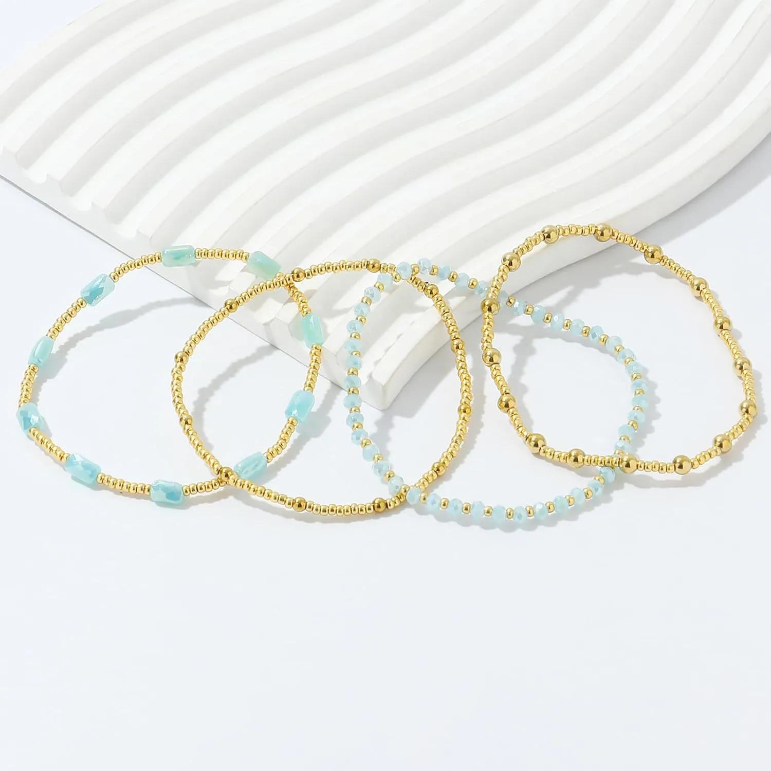 Dainty Gold Pearl Crystal Beaded Bracelets Set for Women 14K Real Gold Plated Bead Pearl Crystal Beads Bracelet Stackable Paperclip Link Chain Bracelets Gold Bracelets for Women Trendy Jewelry