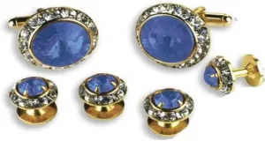 David's Formal Wear Sapphire Stone Center Austrian Crystal Tuxedo Studs and Cufflinks Gold Trim