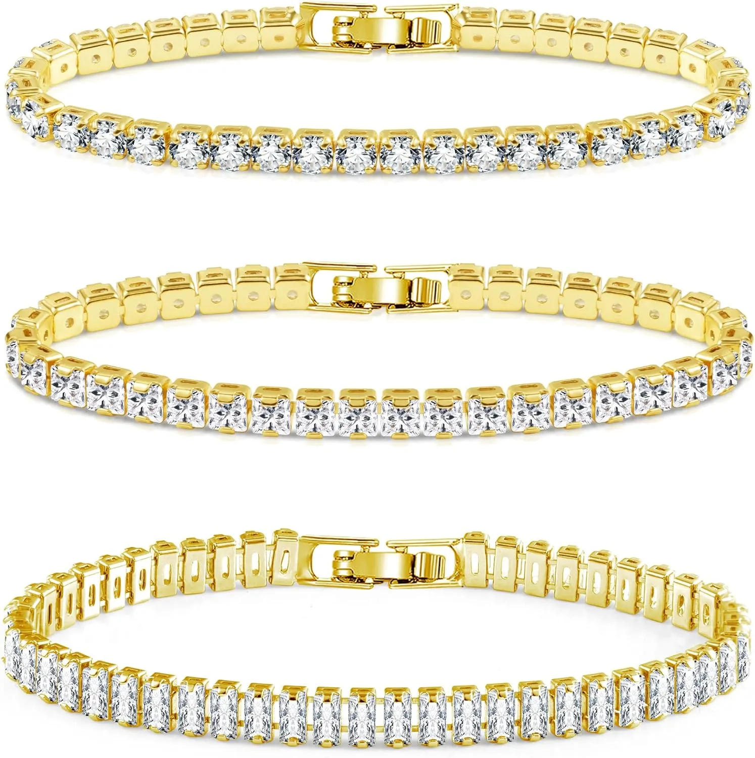 Diamond Tennis Bracelets for Women 3 PCS 4MM 5MM Mixed Adjustable Cubic Zirconia Classic Bracelet Set Fashion Jewelry Gifts (6.9")