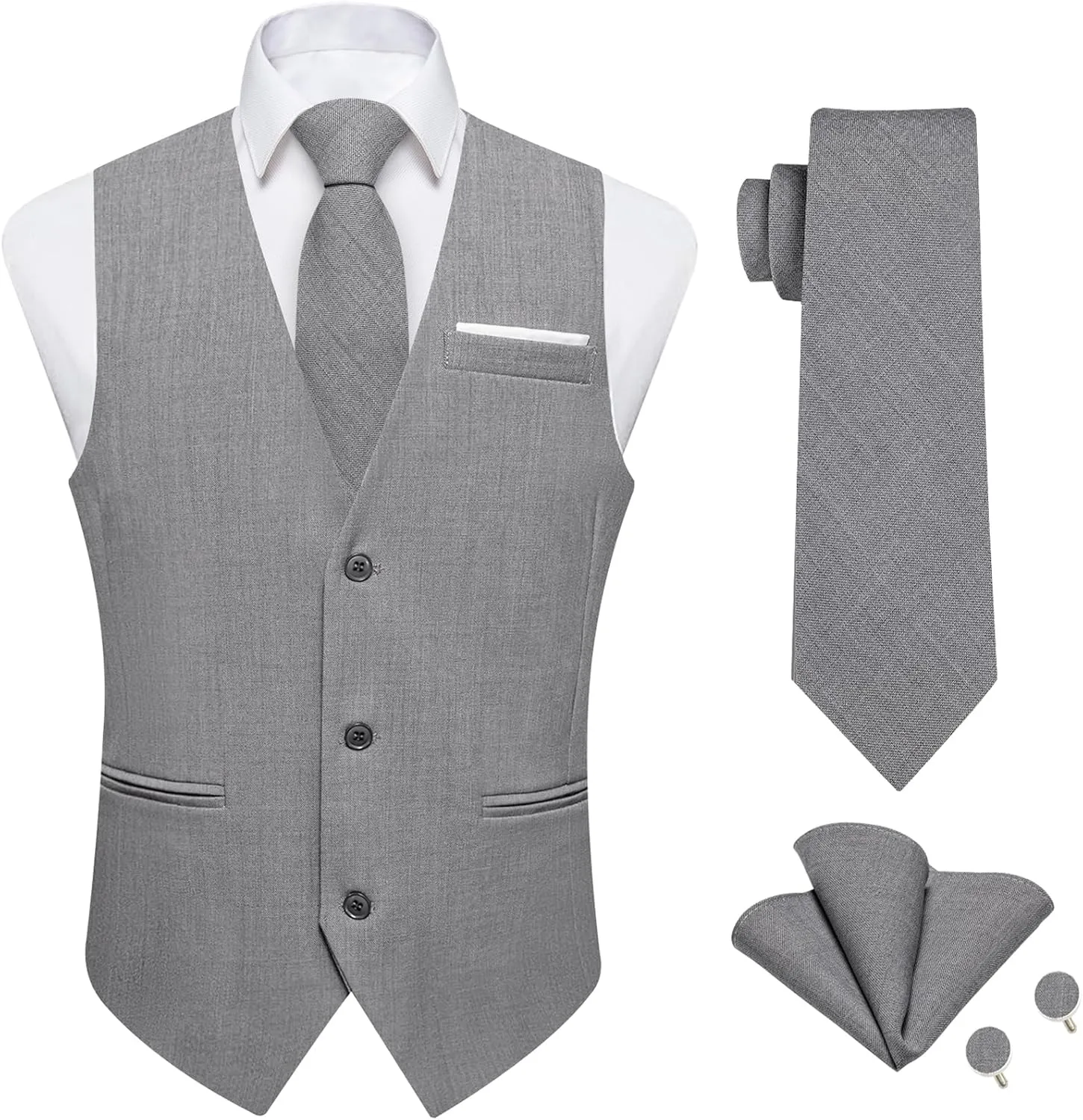 DiBanGu 4PCS Mens Suit Vest Linen Solid Color Vest for Men Wedding Casual Waistcoat Necktie Pocket Square Cufflinks S-3XL