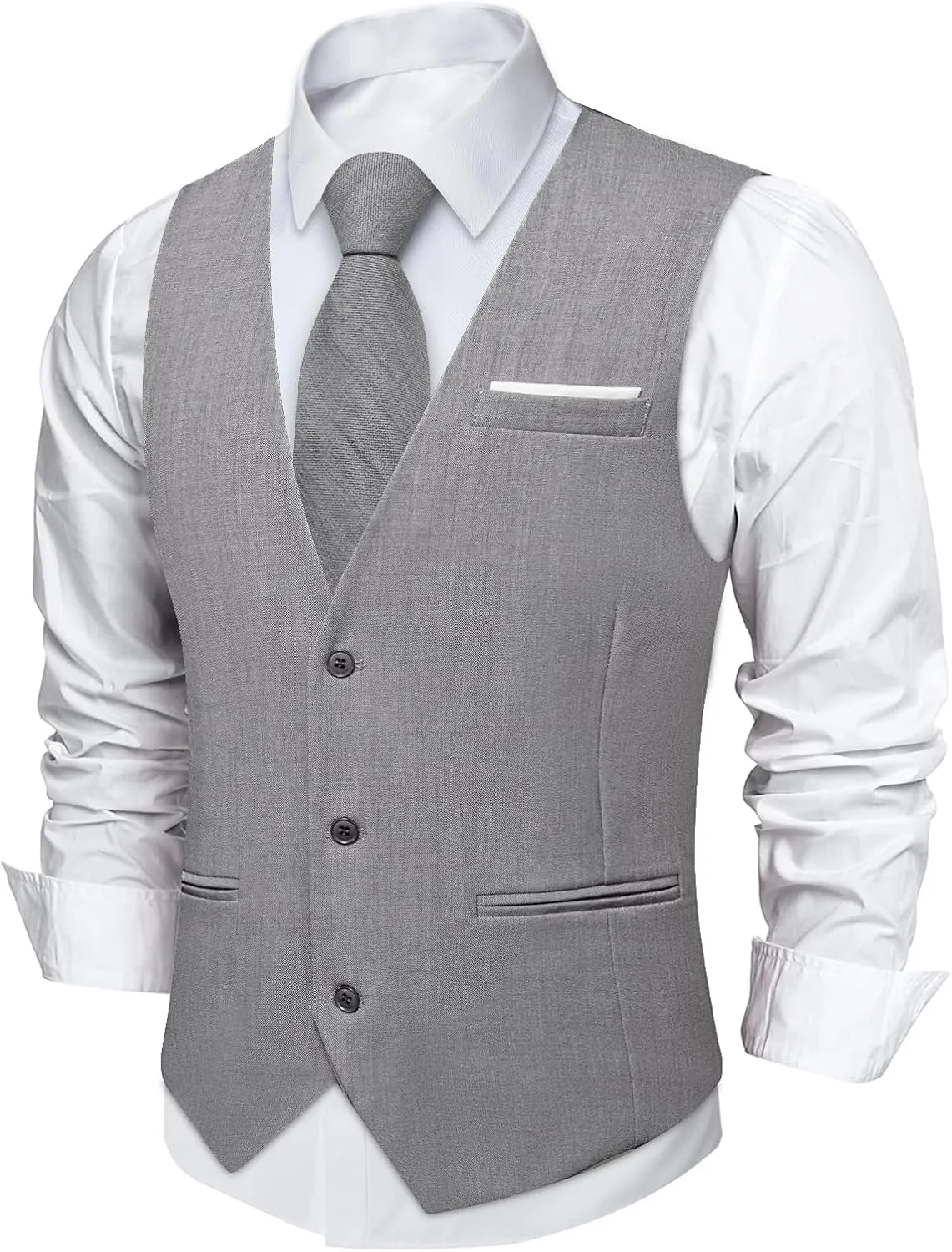DiBanGu 4PCS Mens Suit Vest Linen Solid Color Vest for Men Wedding Casual Waistcoat Necktie Pocket Square Cufflinks S-3XL