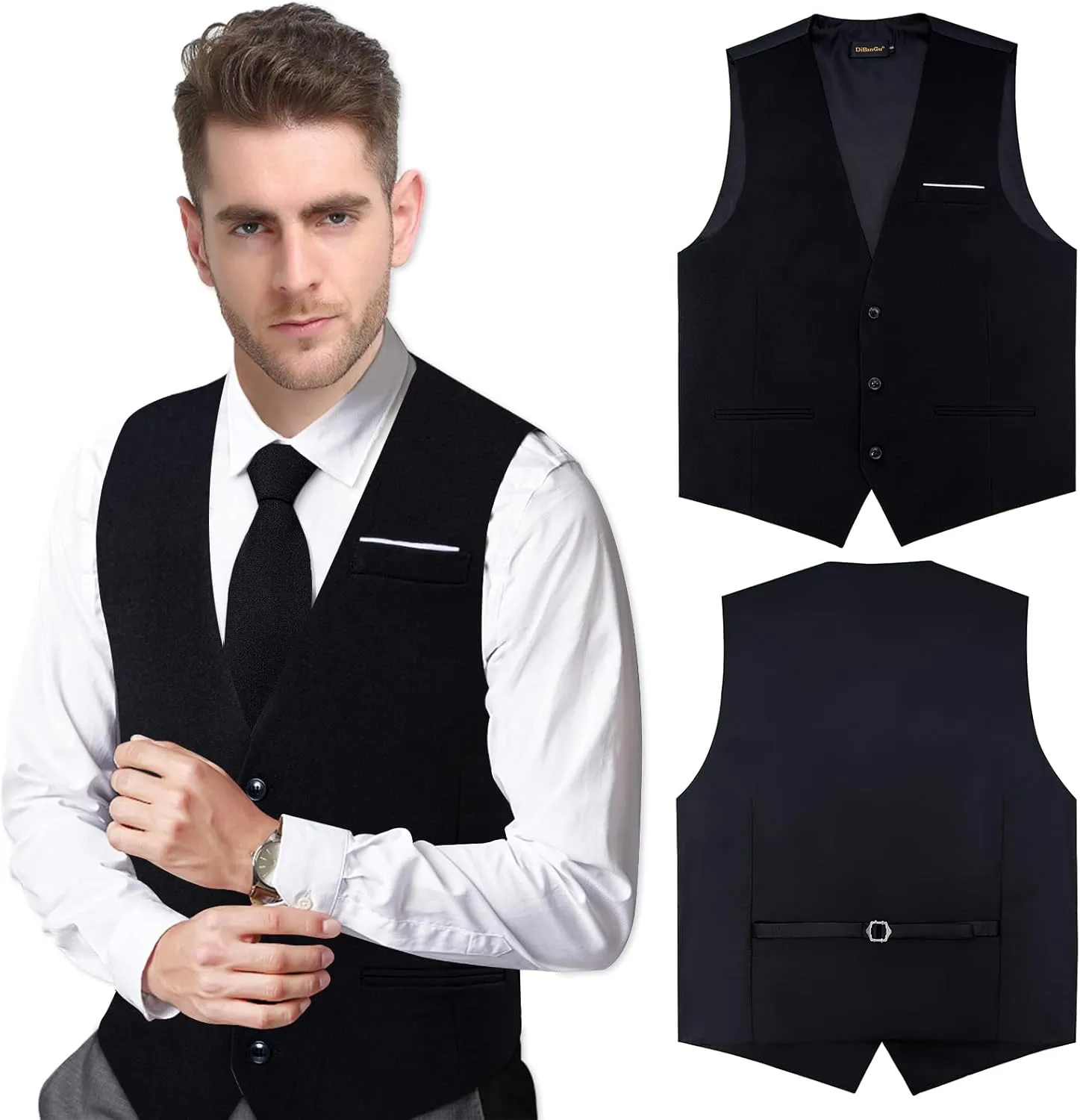 DiBanGu 4PCS Mens Suit Vest Linen Solid Color Vest for Men Wedding Casual Waistcoat Necktie Pocket Square Cufflinks S-3XL