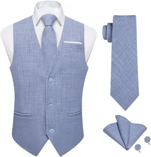 DiBanGu 4PCS Mens Suit Vest Linen Solid Color Vest for Men Wedding Casual Waistcoat Necktie Pocket Square Cufflinks S-3XL