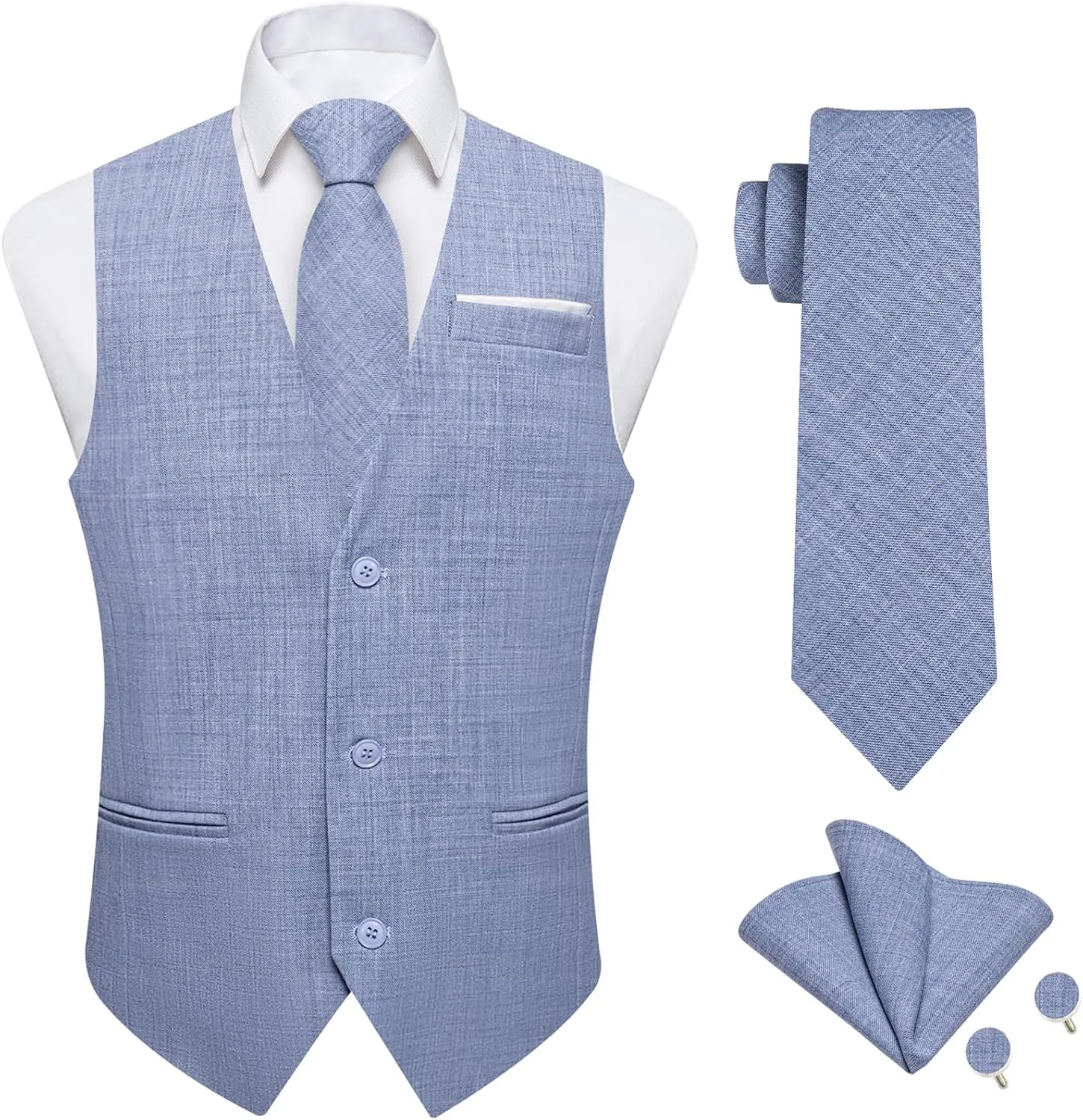 DiBanGu 4PCS Mens Suit Vest Linen Solid Color Vest for Men Wedding Casual Waistcoat Necktie Pocket Square Cufflinks S-3XL