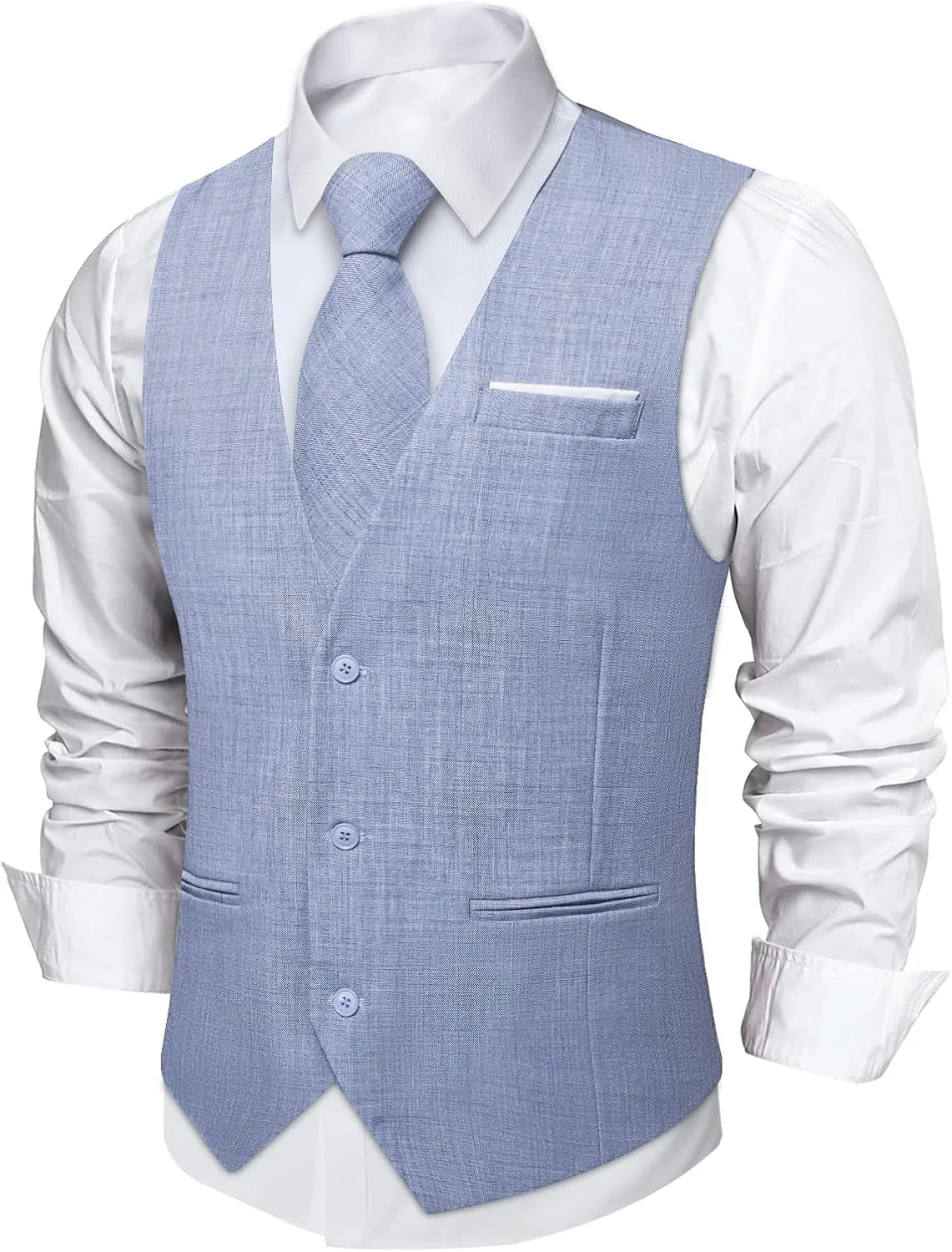 DiBanGu 4PCS Mens Suit Vest Linen Solid Color Vest for Men Wedding Casual Waistcoat Necktie Pocket Square Cufflinks S-3XL